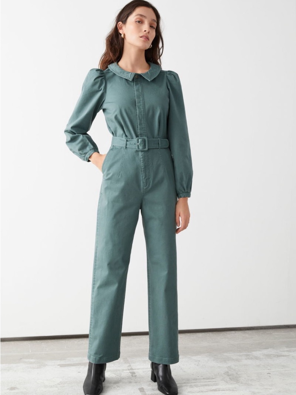 & Other Stories Womens Green Belted Long-Sleeve Jumpsuit